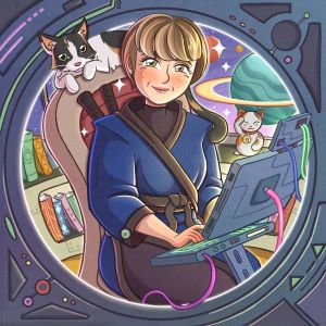 Animated portrait of science fiction author LJ Dix in a sci-fi setting with a laptop on her lap and a cat on the back of her chair.