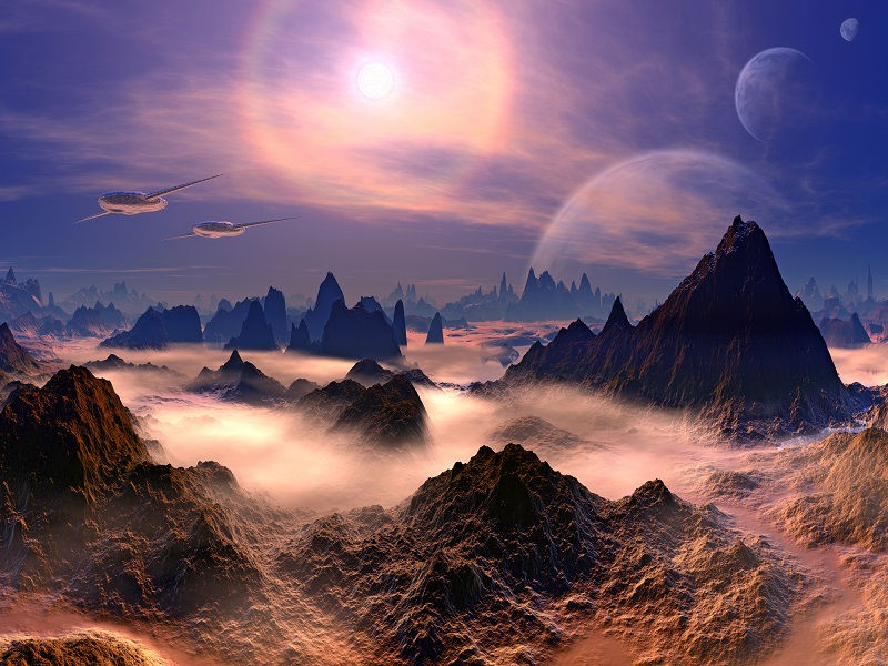 A science fiction alien landscape with spaceships flying through the sky as a mist settles between the peaks of an alien world.