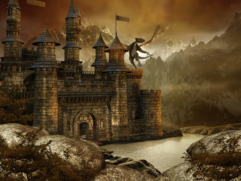 A dragon hovers over a castle in a fantasy landscape with a sense of magic and possibility akin to what readers would expect to find in fantasy tales. 